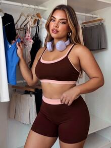 SHEIN Sovereign Charm Bộ đồ bơi 2 mảnh nữ size lớn mùa hè 2026 mới, phối patchwork, dây vai điều chỉnh được, cổ tròn, cạp cao, quần Bermuda ống rộng dáng phẳng - Cà phê nâu - Xem 4