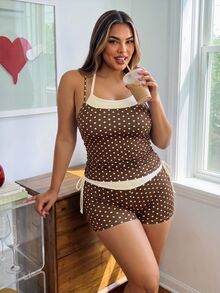 SHEIN Sovereign Charm 2026 Summer New Plus Size Women's Bikini Two Pieces Swimsuit, Sporty Polka Dot Print, Ruched Shorts, 2-Piece Set - Coffee Brown - View 5