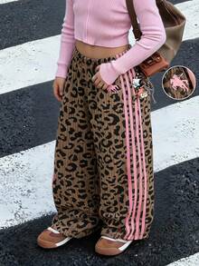 SHEIN Young Girl Leopard Print Contrast Stripe Pants - Khaki - View 1