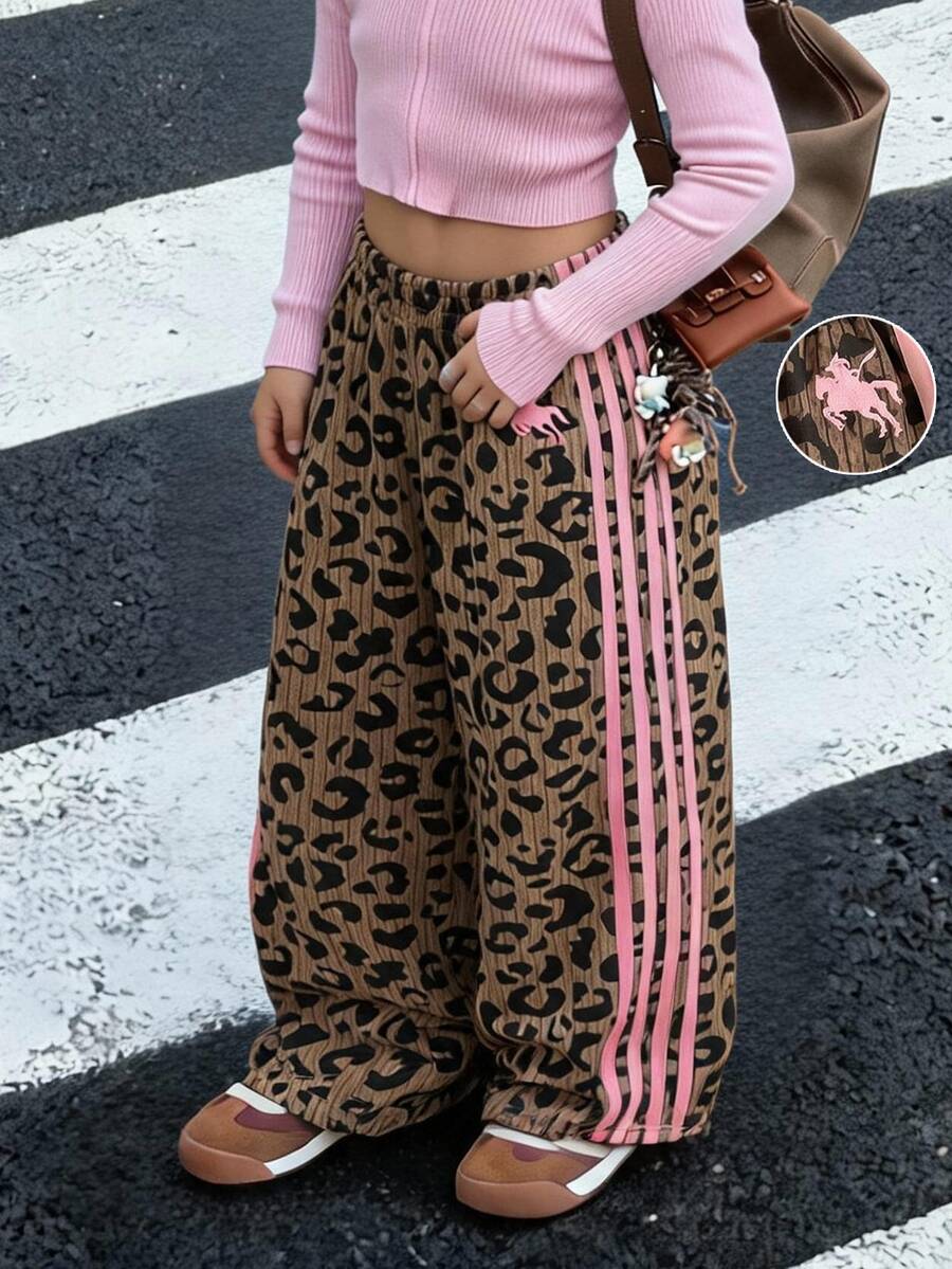 SHEIN Young Girl Leopard Print Contrast Stripe Pants - Khaki - View 1