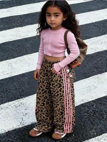 SHEIN Young Girl Leopard Print Contrast Stripe Pants - Khaki - View 2