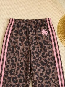 SHEIN Young Girl Leopard Print Contrast Stripe Pants - Khaki - View 3