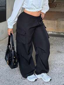Maria Perezxox Black Flap Pocket Side Drawstring Waist Parachute Cargo Pants - Black - View 6