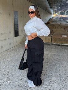 Maria Perezxox Black Flap Pocket Side Drawstring Waist Parachute Cargo Pants - Black - View 5