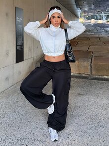 Maria Perezxox Black Flap Pocket Side Drawstring Waist Parachute Cargo Pants - Black - View 1