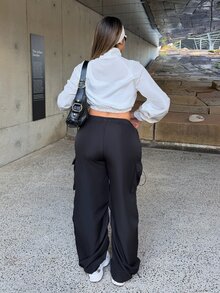 Maria Perezxox Black Flap Pocket Side Drawstring Waist Parachute Cargo Pants - Black - View 2