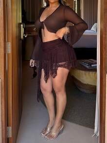 Maria Perezxox Women's Spring/Summer Streetwear Vintage Boho Beach Outfits Y2K Lace Comfortable Stretchy White Mini Asymmetrical Ruffle Skirts Skorts - Brown - View 6