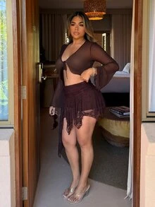 Maria Perezxox Women's Spring/Summer Streetwear Vintage Boho Beach Outfits Y2K Lace Comfortable Stretchy White Mini Asymmetrical Ruffle Skirts Skorts - Brown - View 3
