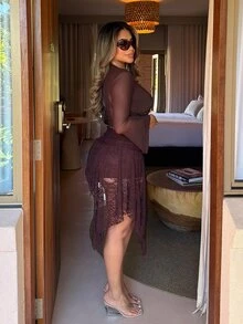 Maria Perezxox Women's Spring/Summer Streetwear Vintage Boho Beach Outfits Y2K Lace Comfortable Stretchy White Mini Asymmetrical Ruffle Skirts Skorts - Brown - View 5