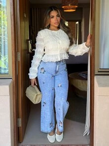 Maria Perezxox 女士纯色圆领短款前开襟纽扣荷叶边下摆时尚衬衫，女士优雅雪纺撞色蕾丝杏色上衣，秋冬白色上衣，毕业季、教师节、返校季，优雅女士休闲春季衬衫 - 米色 - 查看 4