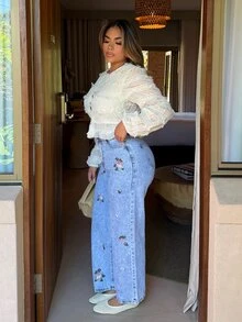 Maria Perezxox 女士纯色圆领短款前开襟纽扣荷叶边下摆时尚衬衫，女士优雅雪纺撞色蕾丝杏色上衣，秋冬白色上衣，毕业季、教师节、返校季，优雅女士休闲春季衬衫 - 米色 - 查看 3