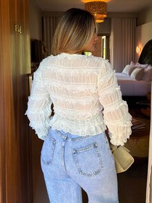Maria Perezxox 女士纯色圆领短款前开襟纽扣荷叶边下摆时尚衬衫，女士优雅雪纺撞色蕾丝杏色上衣，秋冬白色上衣，毕业季、教师节、返校季，优雅女士休闲春季衬衫 - 米色 - 查看 2