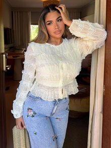 Maria Perezxox 女士纯色圆领短款前开襟纽扣荷叶边下摆时尚衬衫，女士优雅雪纺撞色蕾丝杏色上衣，秋冬白色上衣，毕业季、教师节、返校季，优雅女士休闲春季衬衫 - 米色 - 查看 5