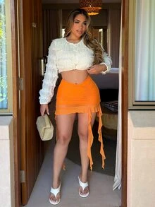 Maria Perezxox 春季褶饰荷叶边荷叶边下摆网眼黑色半身裙 - 橘色 - 查看 4