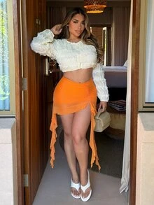 Maria Perezxox 春季褶饰荷叶边荷叶边下摆网眼黑色半身裙 - 橘色 - 查看 1