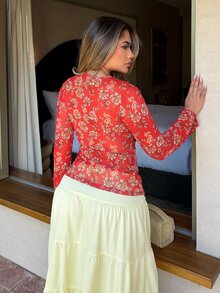 Maria Perezxox Summer Vacation, Women's Floral Graphic Boho Vintage Knit Lace V-Neck Flared Sleeve Top, Daily Wear, Country Concert Party - Red - View 2