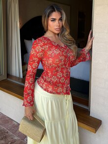 Maria Perezxox Summer Vacation, Women's Floral Graphic Boho Vintage Knit Lace V-Neck Flared Sleeve Top, Daily Wear, Country Concert Party - Red - View 4