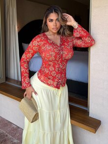 Maria Perezxox Summer Vacation, Women's Floral Graphic Boho Vintage Knit Lace V-Neck Flared Sleeve Top, Daily Wear, Country Concert Party - Red - View 3