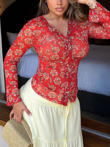 Maria Perezxox Summer Vacation, Women's Floral Graphic Boho Vintage Knit Lace V-Neck Flared Sleeve Top, Daily Wear, Country Concert Party - Red - View 6