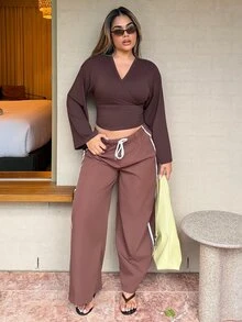 Maria Perezxox 女士休闲抽绳腰宽松筒裤 - 咖啡棕 - 查看 1