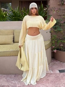 Maria Perezxox Women's Apricot Casual Ruffle Hem A-Line Skirt, Summer - Apricot - View 6