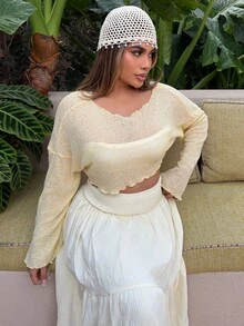 Maria Perezxox 浅黄色薄纱短款针织上衣，女士短款毛衣，女士毛衣，女士衬衫，新款短款网纱上衣，透视上衣，女士短款上衣，女士泡泡袖上衣，女士穿搭，女士短款网纱上衣，针织毛衣，度假夏季休闲装 - 鵝黃色 - 查看 5
