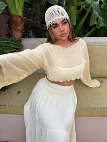 Maria Perezxox 浅黄色薄纱短款针织上衣，女士短款毛衣，女士毛衣，女士衬衫，新款短款网纱上衣，透视上衣，女士短款上衣，女士泡泡袖上衣，女士穿搭，女士短款网纱上衣，针织毛衣，度假夏季休闲装 - 鵝黃色 - 查看 1