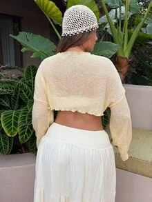 Maria Perezxox 浅黄色薄纱短款针织上衣，女士短款毛衣，女士毛衣，女士衬衫，新款短款网纱上衣，透视上衣，女士短款上衣，女士泡泡袖上衣，女士穿搭，女士短款网纱上衣，针织毛衣，度假夏季休闲装 - 鵝黃色 - 查看 2