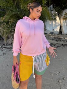 Maria Perezxox 女款休閒簡約粉色花卉與扭曲英文字母印花寬鬆衛衣，舒適適合秋冬/冬季，秋季度假穿搭 - 淺粉色 - 查看 3