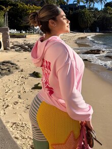 Maria Perezxox 女款休閒簡約粉色花卉與扭曲英文字母印花寬鬆衛衣，舒適適合秋冬/冬季，秋季度假穿搭 - 淺粉色 - 查看 5