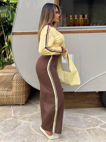 Maria Perezxox Conjunto de Camiseta de Malha com Gola Polo Listrada e Calça Solta para Mulheres, Todos os Tons de Marrom, Outono, Streetwear, Uso Diário, Looks de Moda Y2K Elegantes - Multicolorido - Visão 5