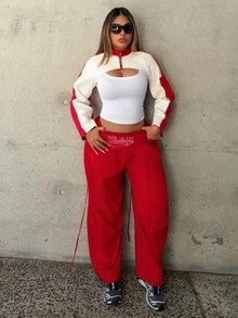 Maria Perezxox Women's Color-Blocked Minimalist Dailywear Long-Sleeve Jacket In Fall/Winter Red - Red - View 3