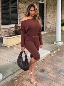 Maria Perezxox Sexy Asymmetric-Shoulder Cinched Waist Long Sleeve Crop Top And Pants Set Elegant - Coffee Brown - View 2
