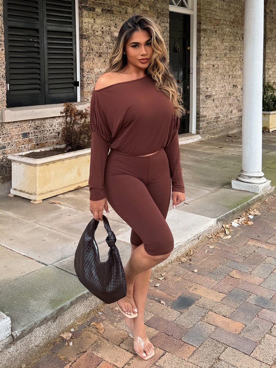 Maria Perezxox Sexy Asymmetric-Shoulder Cinched Waist Long Sleeve Crop Top And Pants Set Elegant