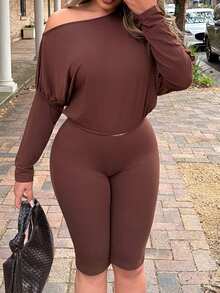 Maria Perezxox Sexy Asymmetric-Shoulder Cinched Waist Long Sleeve Crop Top And Pants Set Elegant - Coffee Brown - View 7