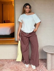 Maria Perezxox Light Grey Knit Loose Fit Short Sleeve T-Shirt For Women,Summer Casual Occasion Oversized Off Shoulder Wide Neck Comfy Tops,Woman Outfits Grey Top - Light Grey - View 4
