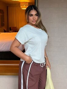 Maria Perezxox Light Grey Knit Loose Fit Short Sleeve T-Shirt For Women,Summer Casual Occasion Oversized Off Shoulder Wide Neck Comfy Tops,Woman Outfits Grey Top - Light Grey - View 5