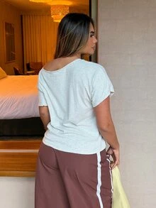 Maria Perezxox Light Grey Knit Loose Fit Short Sleeve T-Shirt For Women,Summer Casual Occasion Oversized Off Shoulder Wide Neck Comfy Tops,Woman Outfits Grey Top - Light Grey - View 2