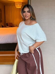 Maria Perezxox Light Grey Knit Loose Fit Short Sleeve T-Shirt For Women,Summer Casual Occasion Oversized Off Shoulder Wide Neck Comfy Tops,Woman Outfits Grey Top - Light Grey - View 3