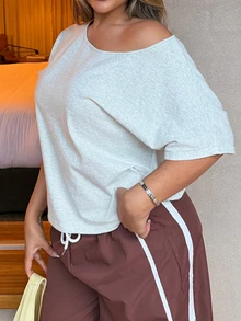 Maria Perezxox Light Grey Knit Loose Fit Short Sleeve T-Shirt For Women,Summer Casual Occasion Oversized Off Shoulder Wide Neck Comfy Tops,Woman Outfits Grey Top - Light Grey - View 6