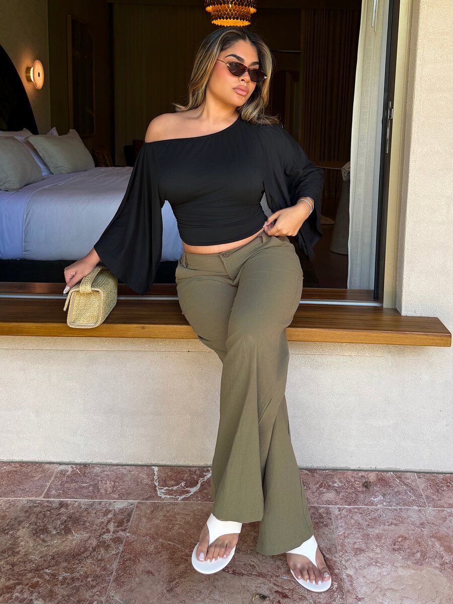 Maria Perezxox Casual Plain Color Low Waist Loose Straight Pants - Army Green - View 1