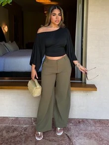 Maria Perezxox Casual Plain Color Low Waist Loose Straight Pants - Army Green - View 6