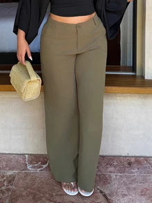 Maria Perezxox Casual Plain Color Low Waist Loose Straight Pants - Army Green - View 5