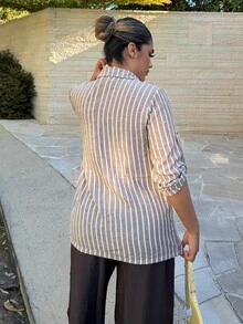 Maria Perezxox 簡約復古通勤休閒舒適亞麻條紋單排扣女款西裝外套，袖口可捲起，美拉德風，適合春夏秋季 - 摩卡棕 - 查看 2