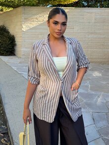 Maria Perezxox 簡約復古通勤休閒舒適亞麻條紋單排扣女款西裝外套，袖口可捲起，美拉德風，適合春夏秋季 - 摩卡棕 - 查看 4