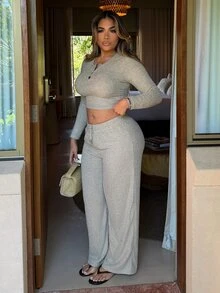 Maria Perezxox Women Grey Fall Winter Casual Lounge 2 Pieces Set,Plush Ribbed Fabric Open Front Ruched Design Adjustable WaistbTextured Outing Commuting Home Elegant - Apricot - View 3