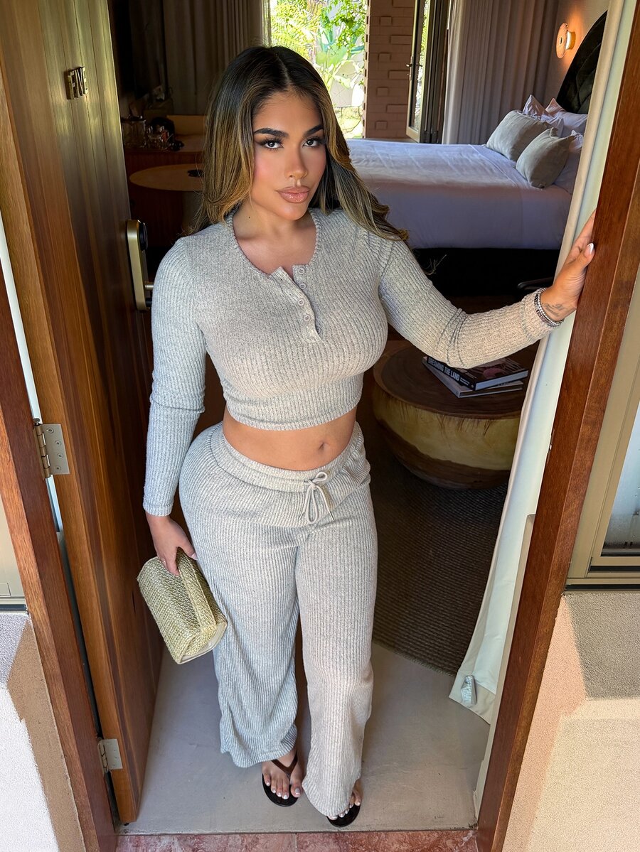 Maria Perezxox Women Grey Fall Winter Casual Lounge 2 Pieces Set,Plush Ribbed Fabric Open Front Ruched Design Adjustable WaistbTextured Outing Commuting Home Elegant - Apricot - View 1