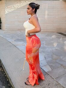Maria Perezxox Women's New Elegant Floral Print Ruched Mermaid Hem Bodycon Skirt, Suitable For Spring, Summer, Beach Resort Vacation - Orange - View 5