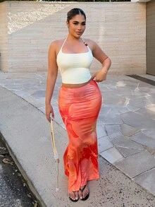 Maria Perezxox Women's New Elegant Floral Print Ruched Mermaid Hem Bodycon Skirt, Suitable For Spring, Summer, Beach Resort Vacation - Orange - View 4