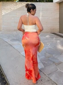 Maria Perezxox Women's New Elegant Floral Print Ruched Mermaid Hem Bodycon Skirt, Suitable For Spring, Summer, Beach Resort Vacation - Orange - View 2